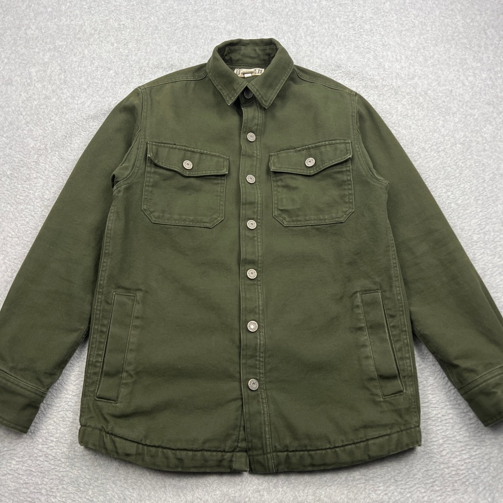 Duluth Shirt Jacket Mens Small Green Fire Hose Fleece Lined Trim Fit Button Up